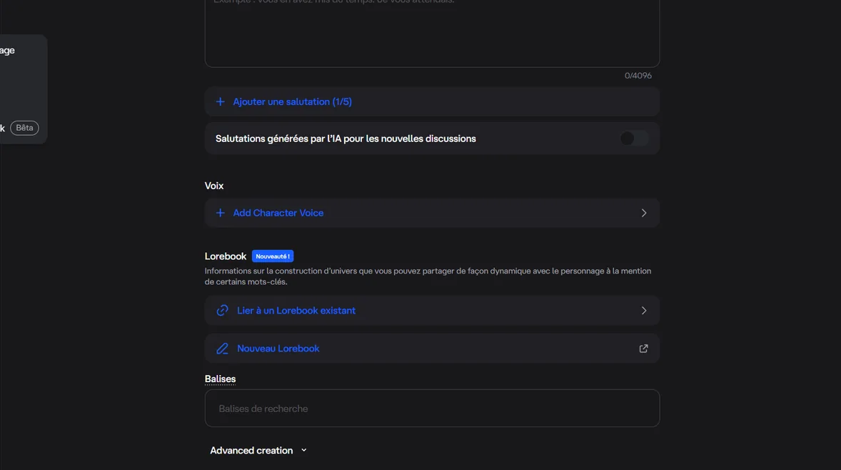 Character.AI Editor mit Beschreibung, Begrüßung, Stimme und Lorebook