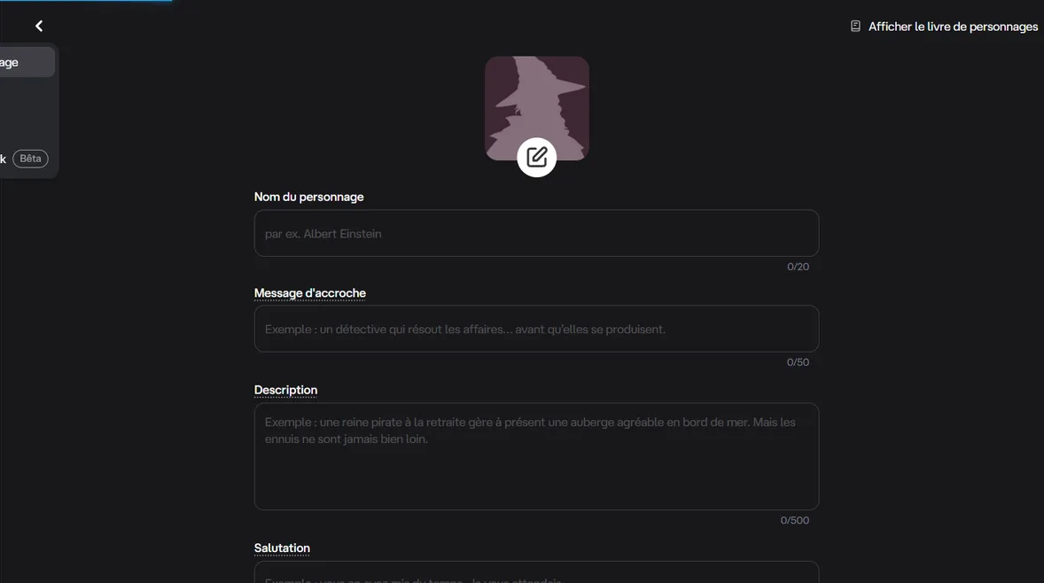 Character.AI Editor zur Erstellung eines neuen Charakters